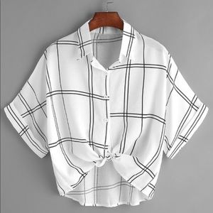 Black and White Plaid Tie Front Cuffed Shirt